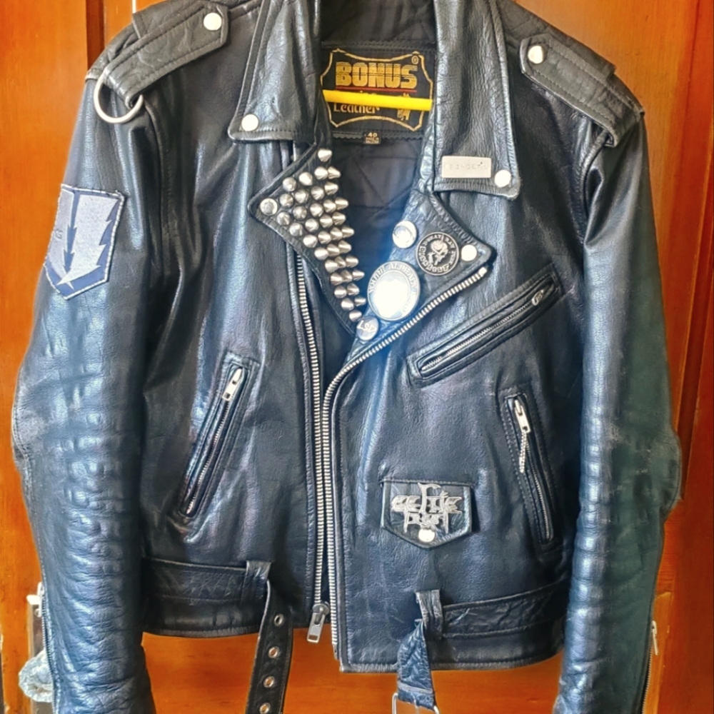 Leather biker jacket studded & painted punk metal motorcycle size 40 medium